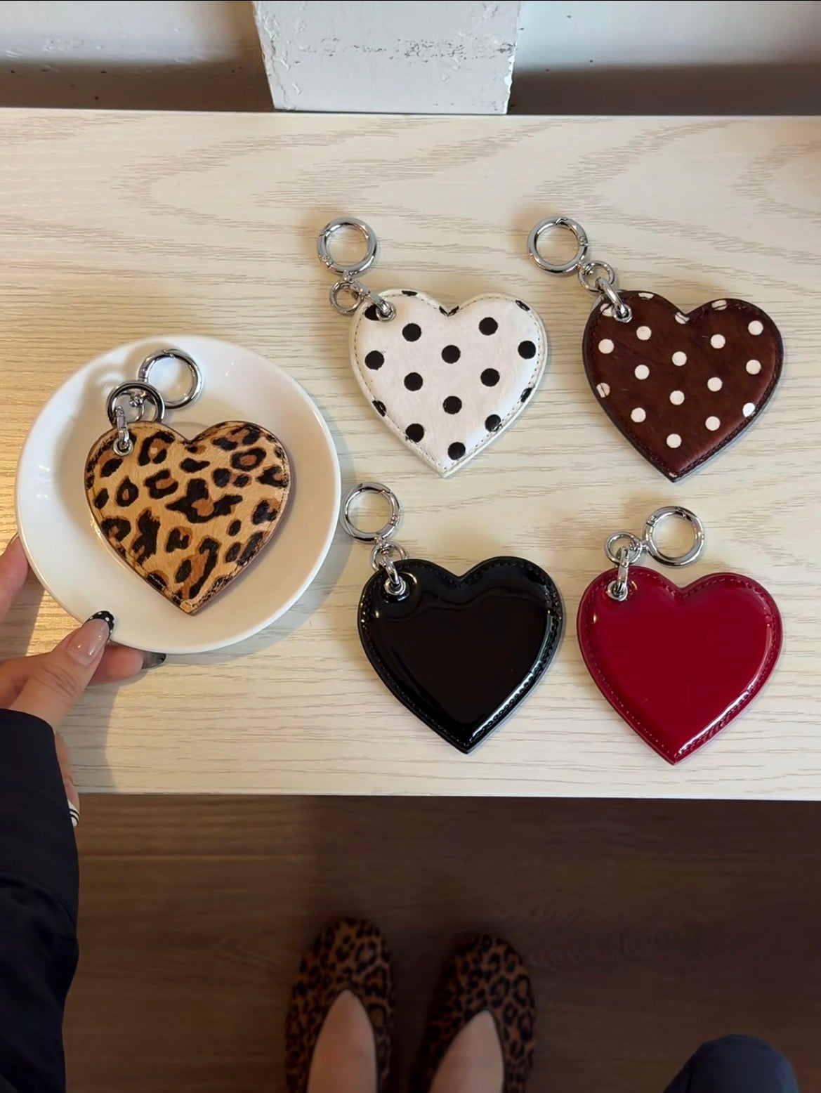 Vela genuine leather heart mirror bag charms in glossy, leopard and polka dot finishes